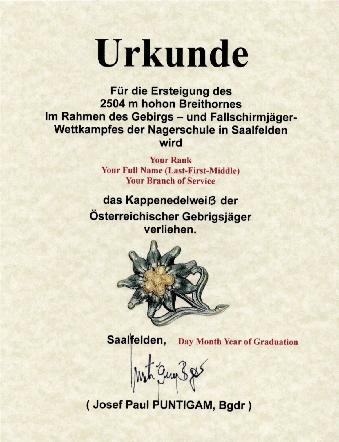 German Mountain Troops Edelweiss Badge Certificate German Mountain Troops Edelweiss Badge Certificate
