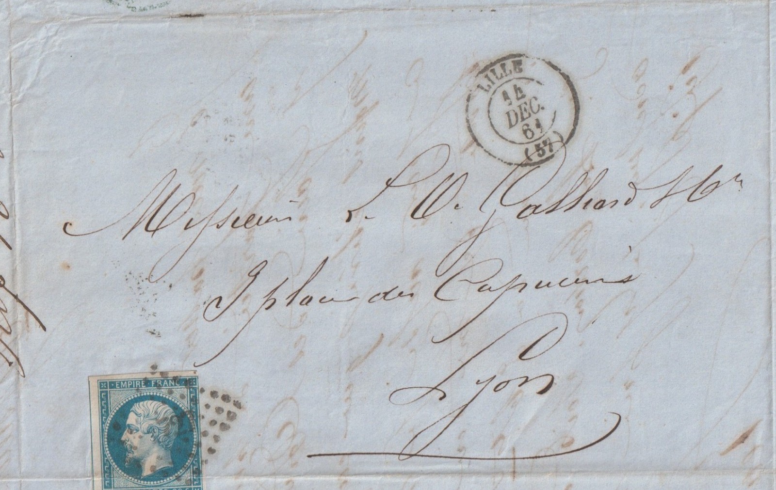 1864 FRANCE Folded Letter LILLE to LYON Imperf 20c Napoleon Textile Silk Trade 1864 FRANCE Folded Letter LILLE to LYON Imperf 20c Napoleon Textile Silk Trade