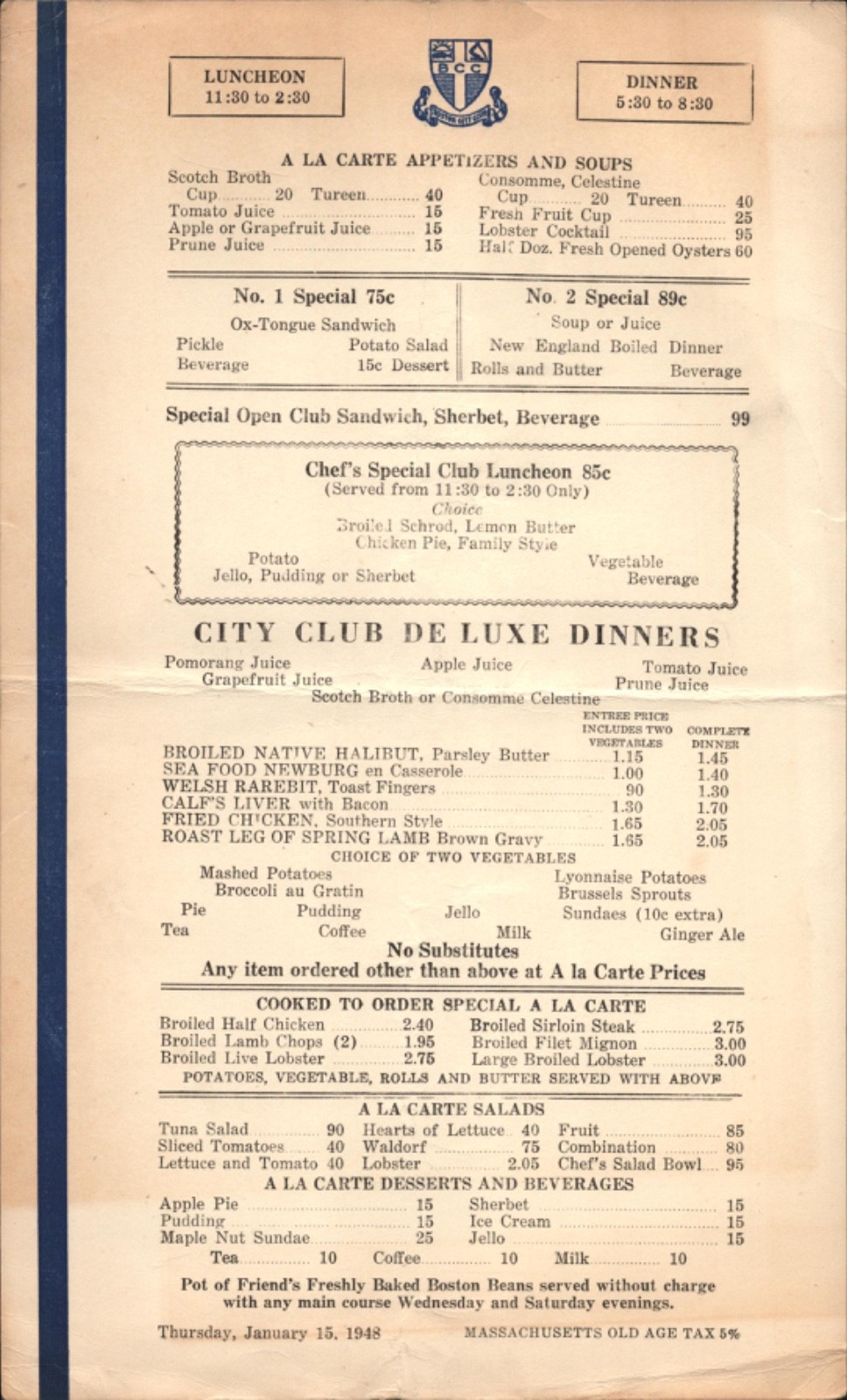 1948 BOSTON CITY CLUB vintage dinner menu MASSACHUSETTS CIVIC ORGANIZATION 1948 BOSTON CITY CLUB vintage dinner menu MASSACHUSETTS CIVIC ORGANIZATION