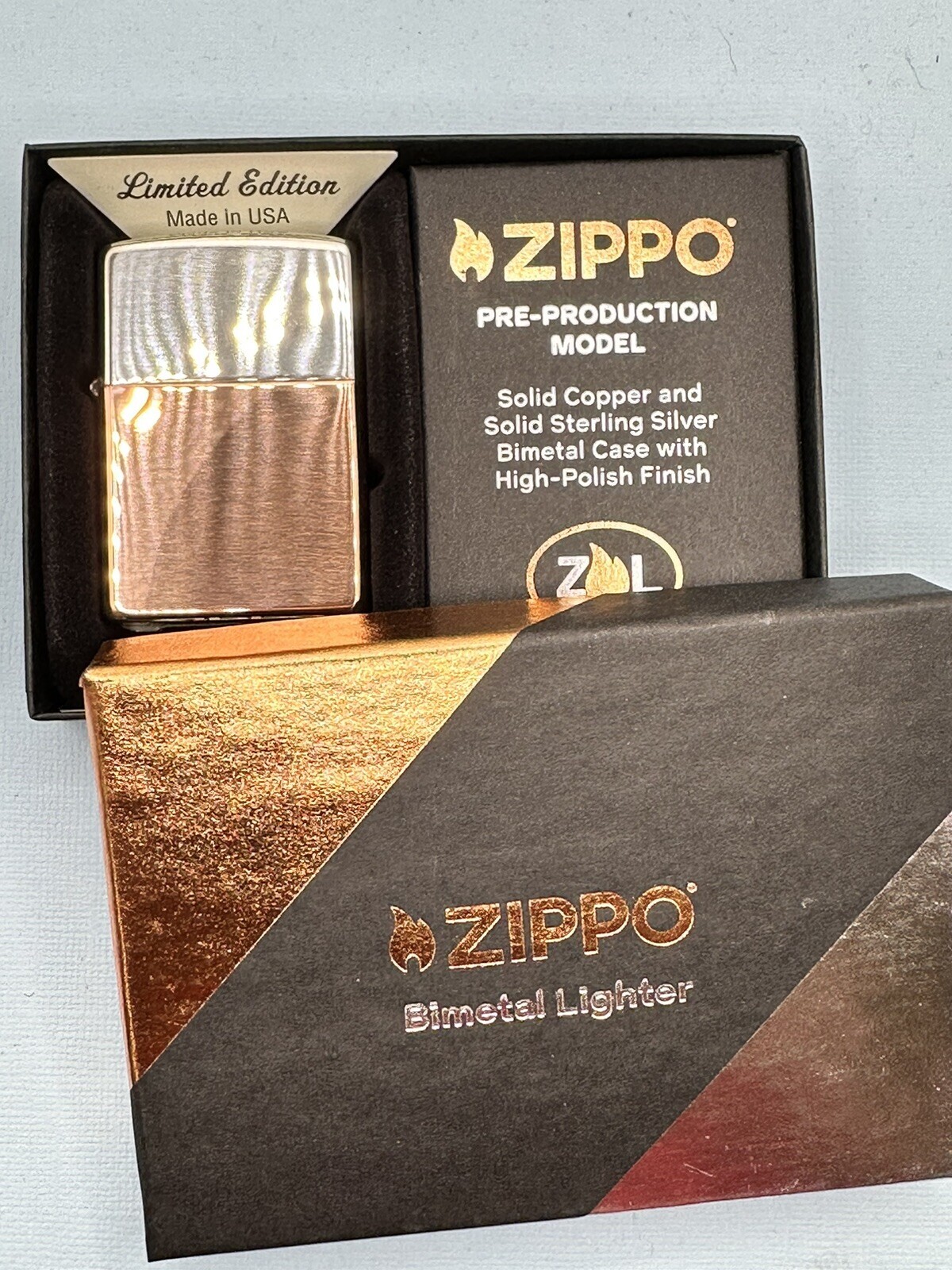 Bimetal Case Copper Sterling Silver 48694 Zippo Lighter NEW Bimetal Case Copper Sterling Silver 48694 Zippo Lighter NEW