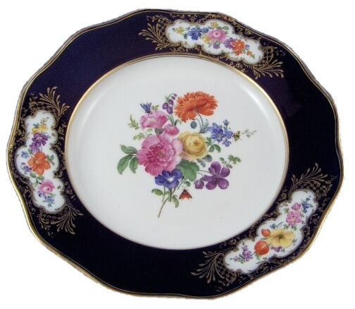 Antique 19thC Meissen Porcelain Cobalt & Floral Plate Porzellan Teller German Antique 19thC Meissen Porcelain Cobalt & Floral Plate Porzellan Teller German
