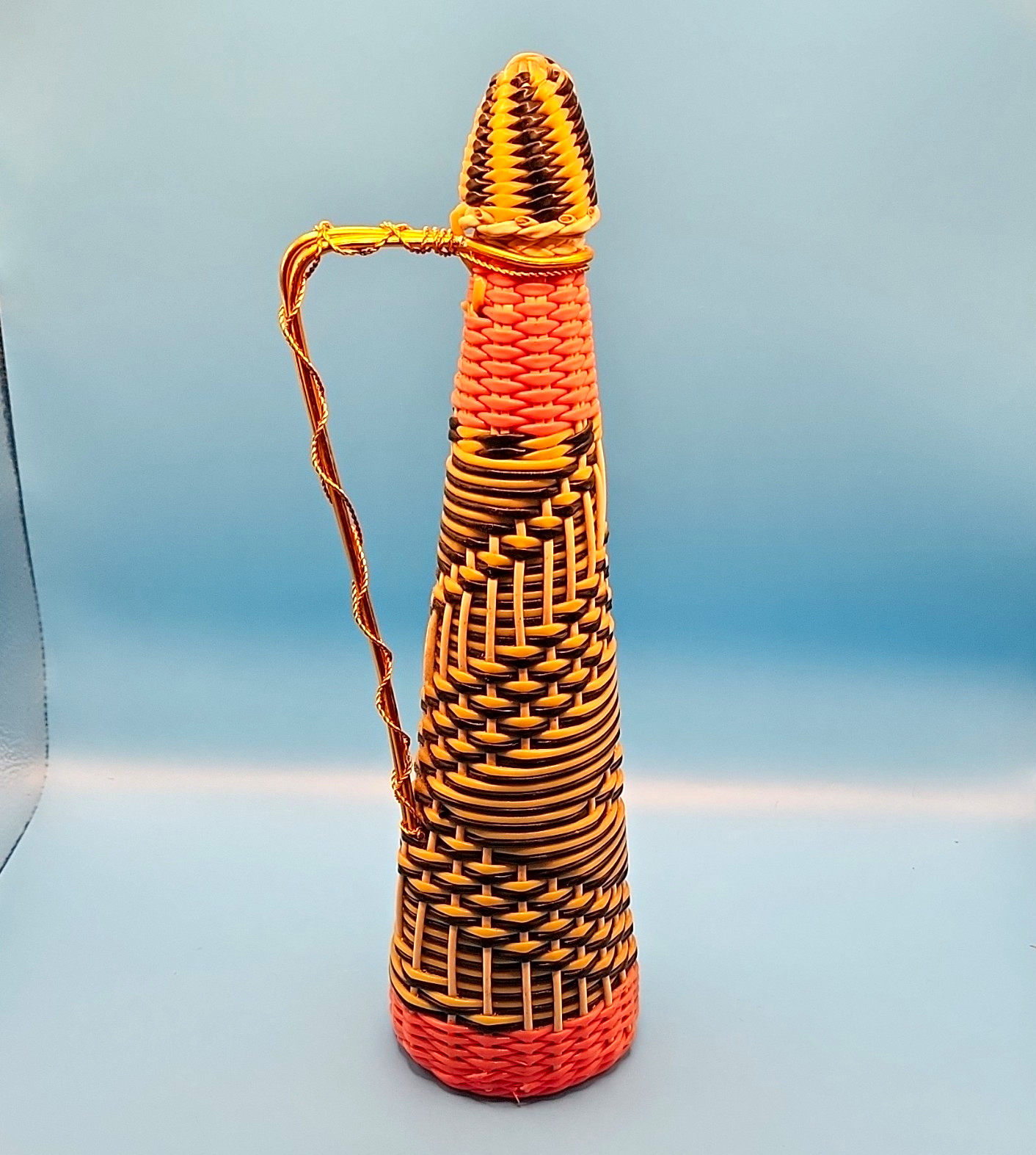 VTG MCM Scoubidou Woven Plastic Wrapped glass wine bottle Decanter Spain Carafe VTG MCM Scoubidou Woven Plastic Wrapped glass wine bottle Decanter Spain Carafe