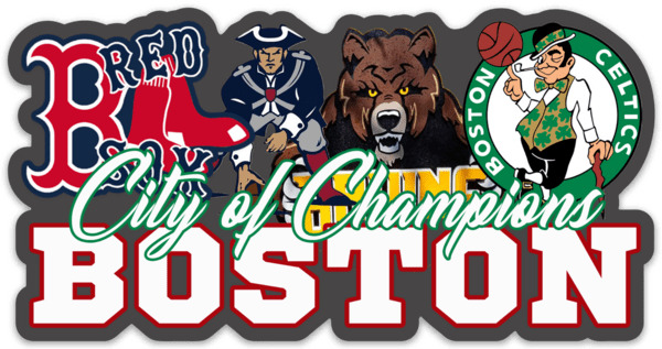 Boston Red Sox Patriots Bruins Celtics Mascot Collage Champs Logo Die-Cut MAGNET