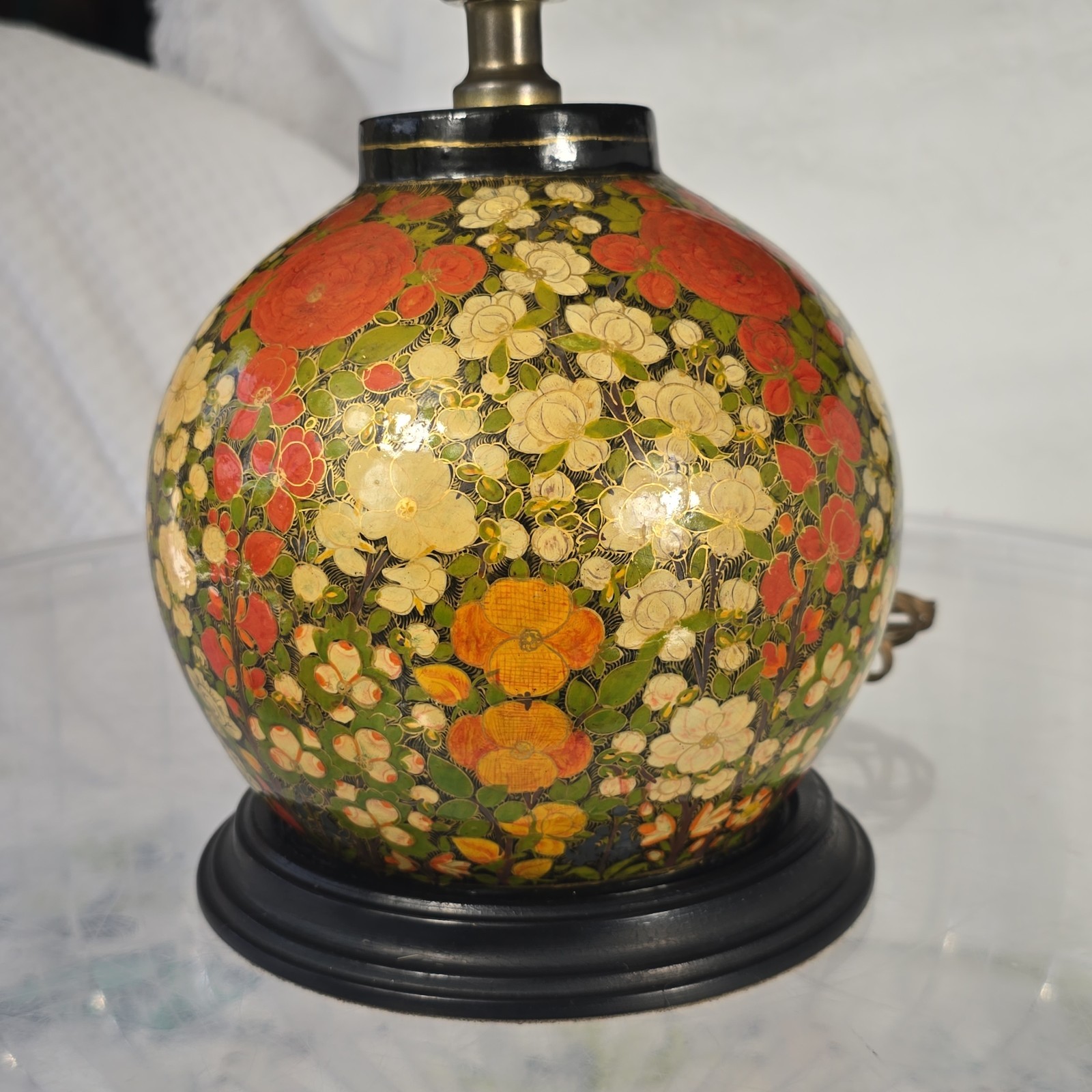 1930s Kashmiri Hand Painted Lacquered Papier Mache Table Lamp W/ Paint Brush 1930s Kashmiri Hand Painted Lacquered Papier Mache Table Lamp W/ Paint Brush