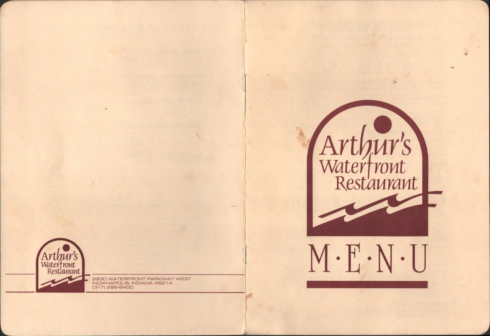 1980s ARTHUR\'S WATERFRONT RESTAURANT vintage luncheon menu INDIANAPOLIS, INDIANA 1980s ARTHUR\'S WATERFRONT RESTAURANT vintage luncheon menu INDIANAPOLIS, INDIANA