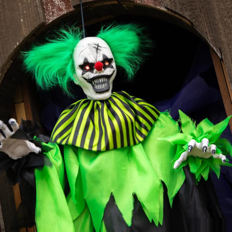 Hanging Animated Green & Black Clown Halloween Decoration 4 Ft.