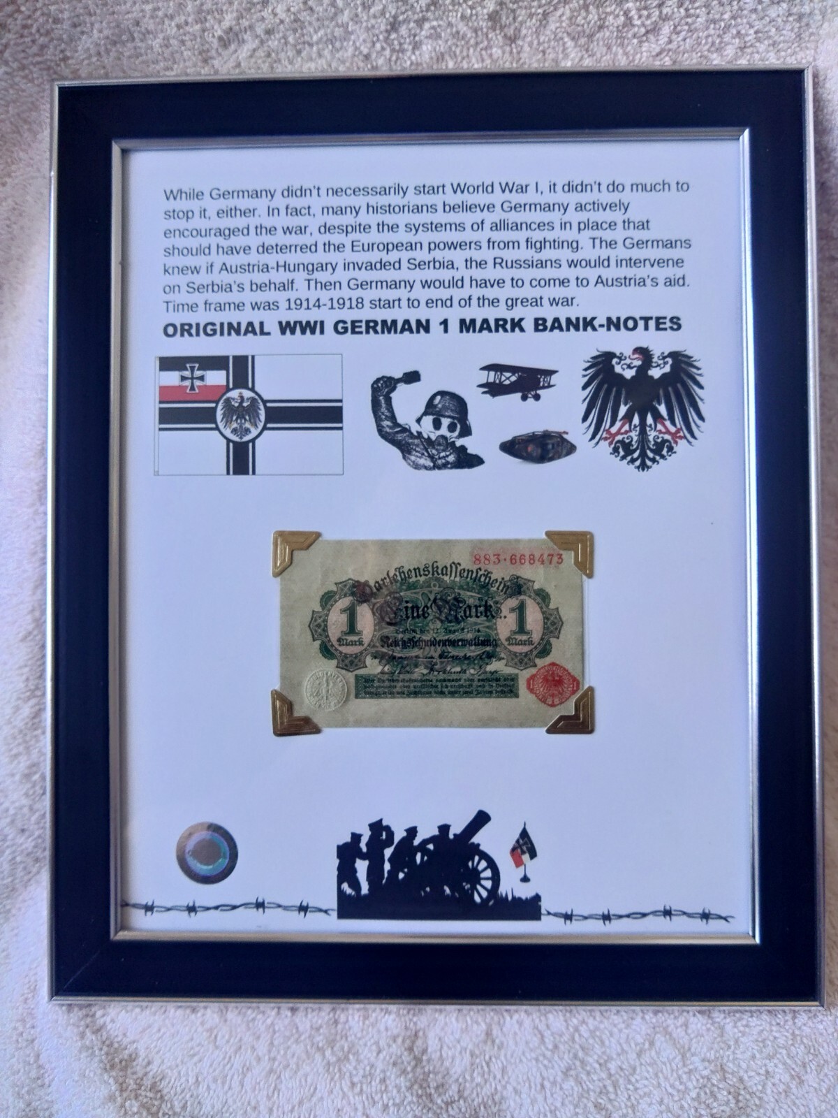 WWI 1914 un-circulated german 1 mark custom framed original one of a kind nice WWI 1914 un-circulated german 1 mark custom framed original one of a kind nice