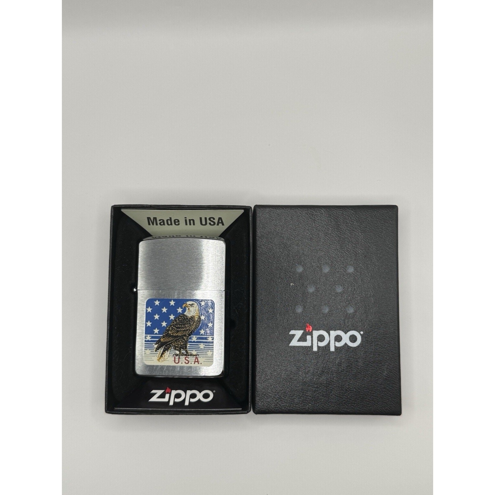 1993 American Eagle and U.S.A. Flag Brushed Chrome Zippo Lighter. Mint In Box 1993 American Eagle and U.S.A. Flag Brushed Chrome Zippo Lighter. Mint In Box