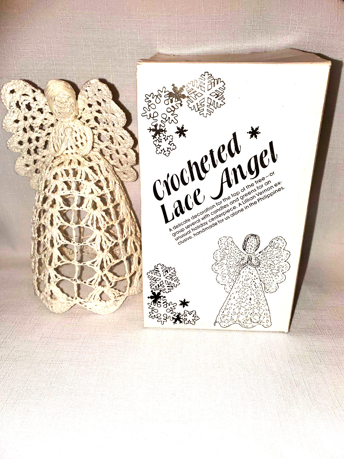 1981 Lillian Vernon Crocheted Lace Angel Christmas Tree Topper White Org Box 1981 Lillian Vernon Crocheted Lace Angel Christmas Tree Topper White Org Box
