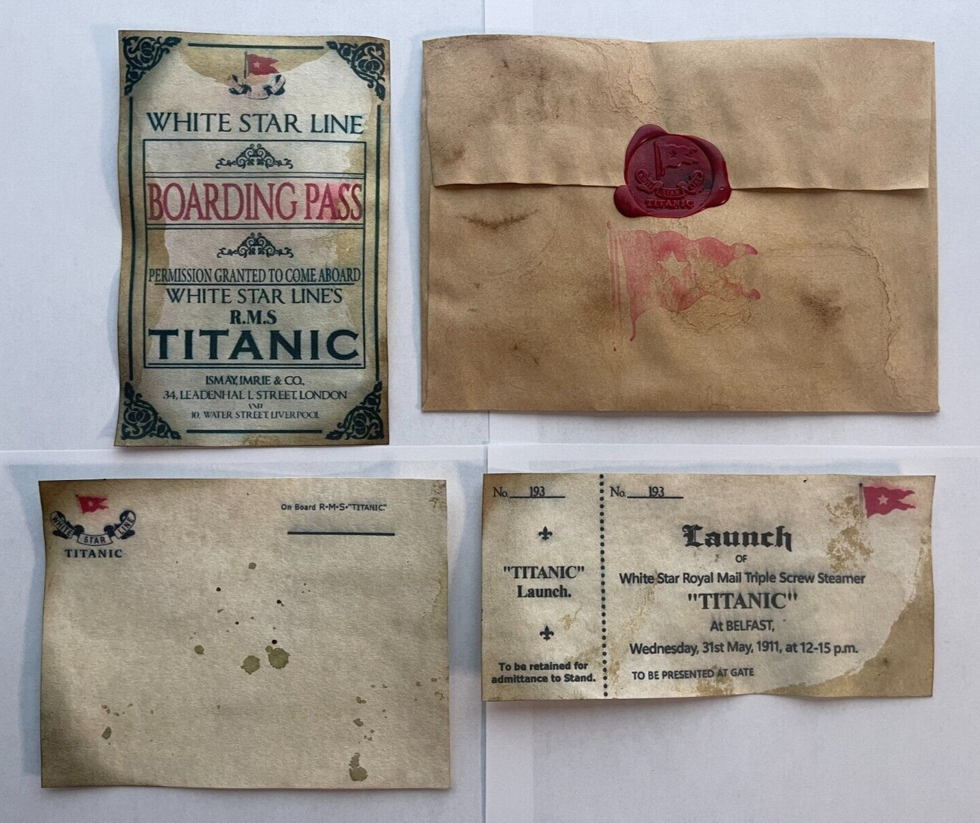 Titanic Launch Ticket, Boarding Pass, Postcard, and Envelope - White Star Line Titanic Launch Ticket, Boarding Pass, Postcard, and Envelope - White Star Line