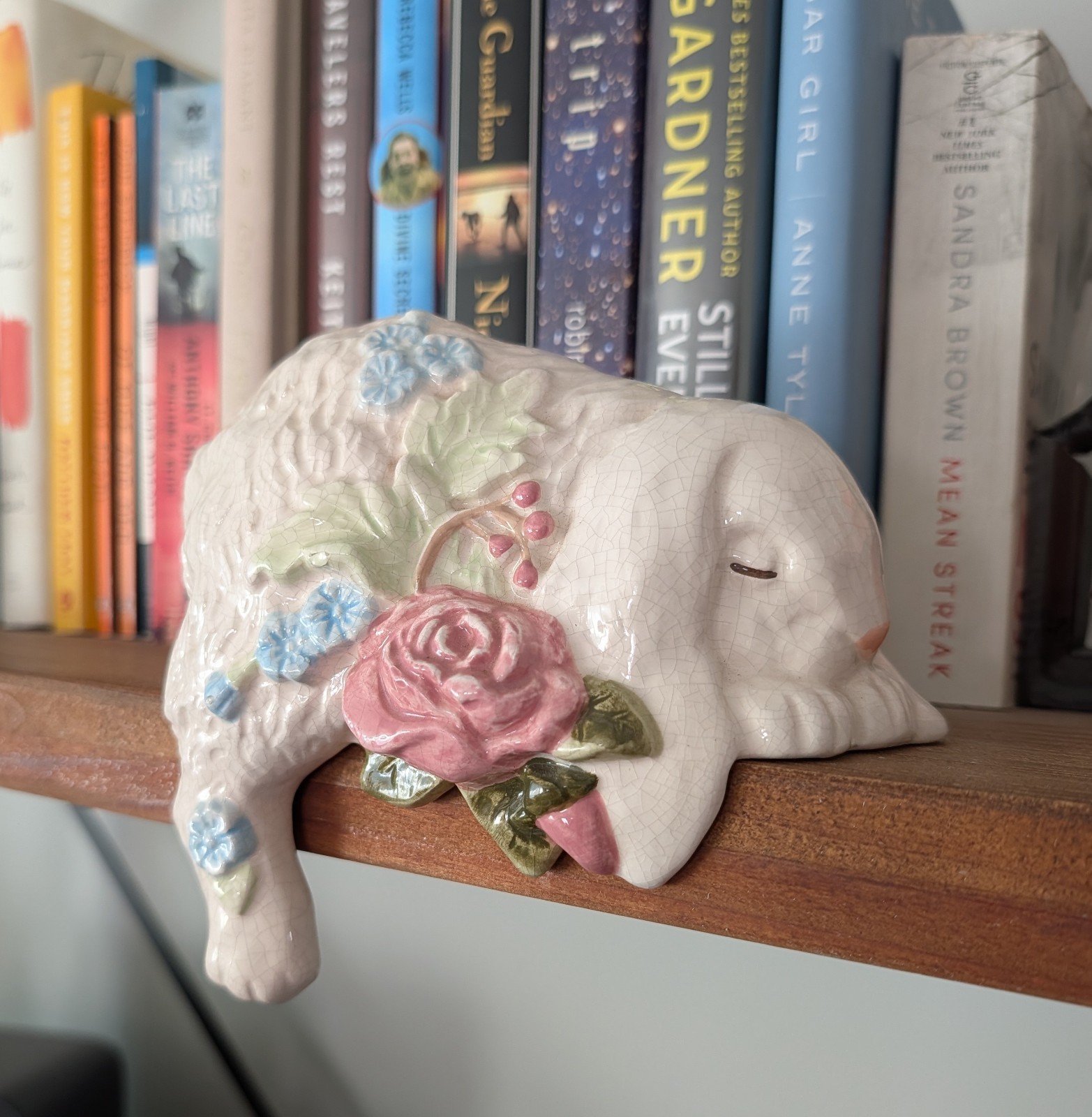 Vintage painted Ceramic shelf sitting sleeping bunny rabbit Vintage painted Ceramic shelf sitting sleeping bunny rabbit