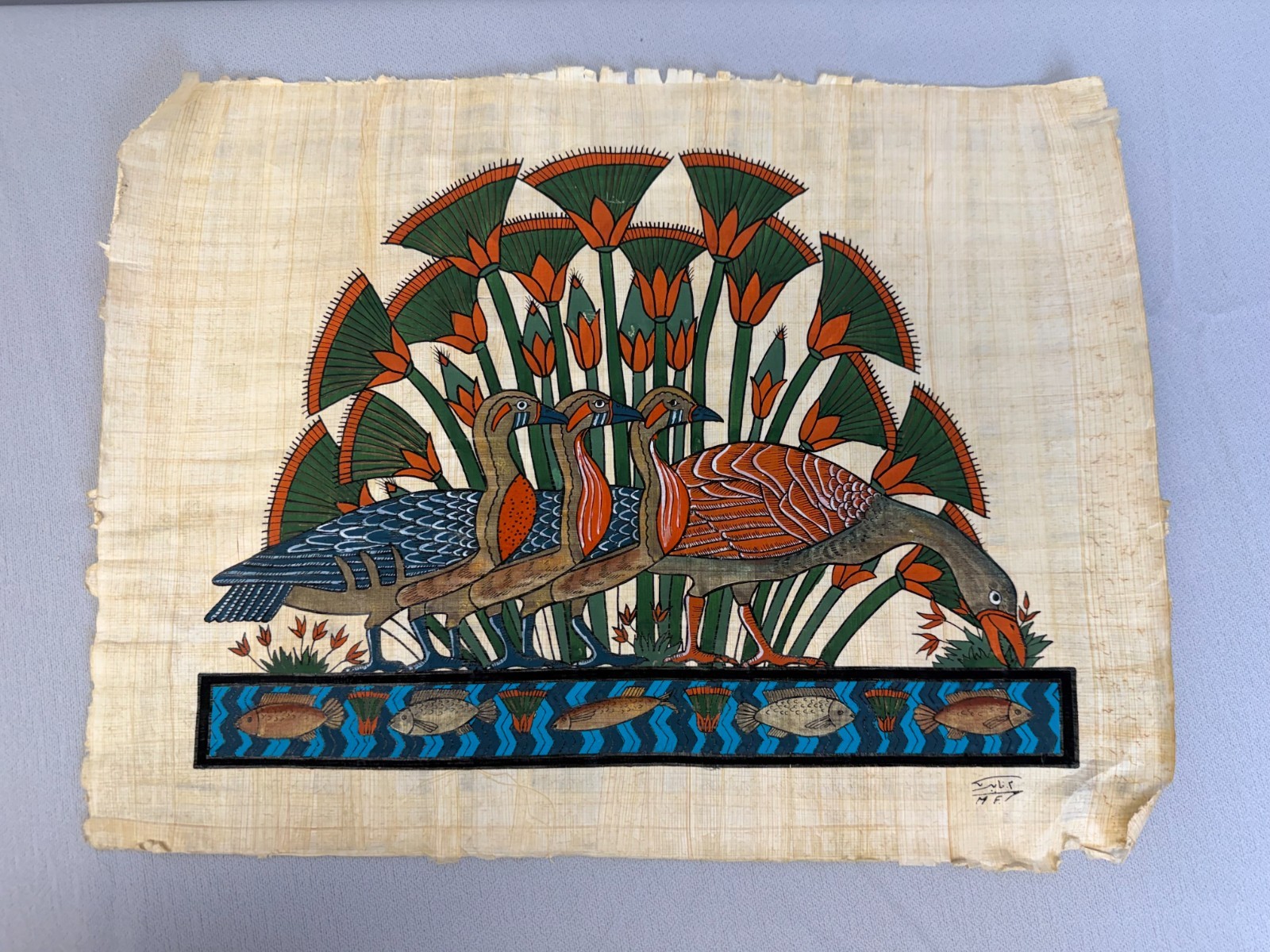 Vintage Hand Painted Egyptian Papyrus Art - Geese among Lotus Flowers - Rare