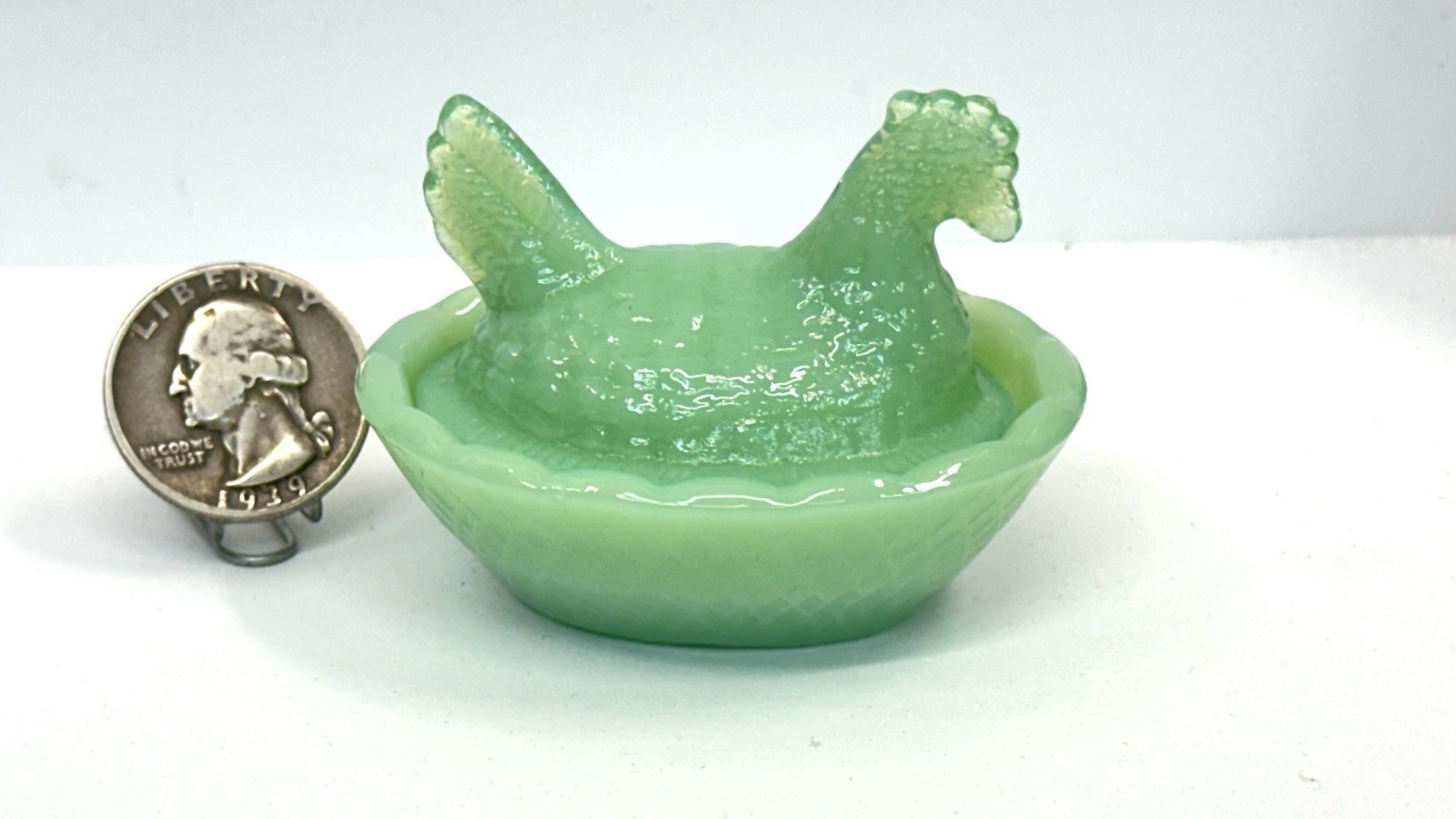 Jadeite Jadite Green Glass Miniature Hen on Nest Salt Cellar Trinket Dish Jadeite Jadite Green Glass Miniature Hen on Nest Salt Cellar Trinket Dish