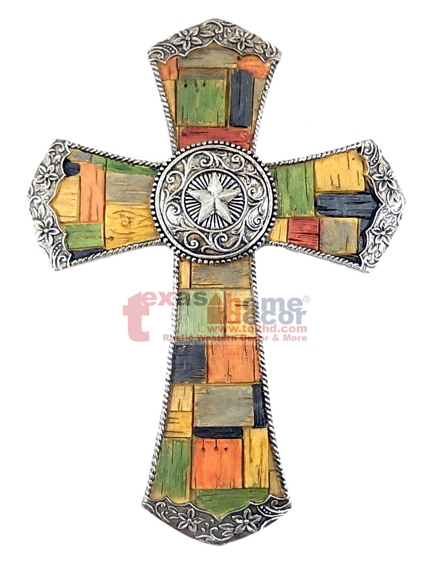 Silver Star Concho Decorative Wall Cross Silver Flowery Accents Western Mosaic