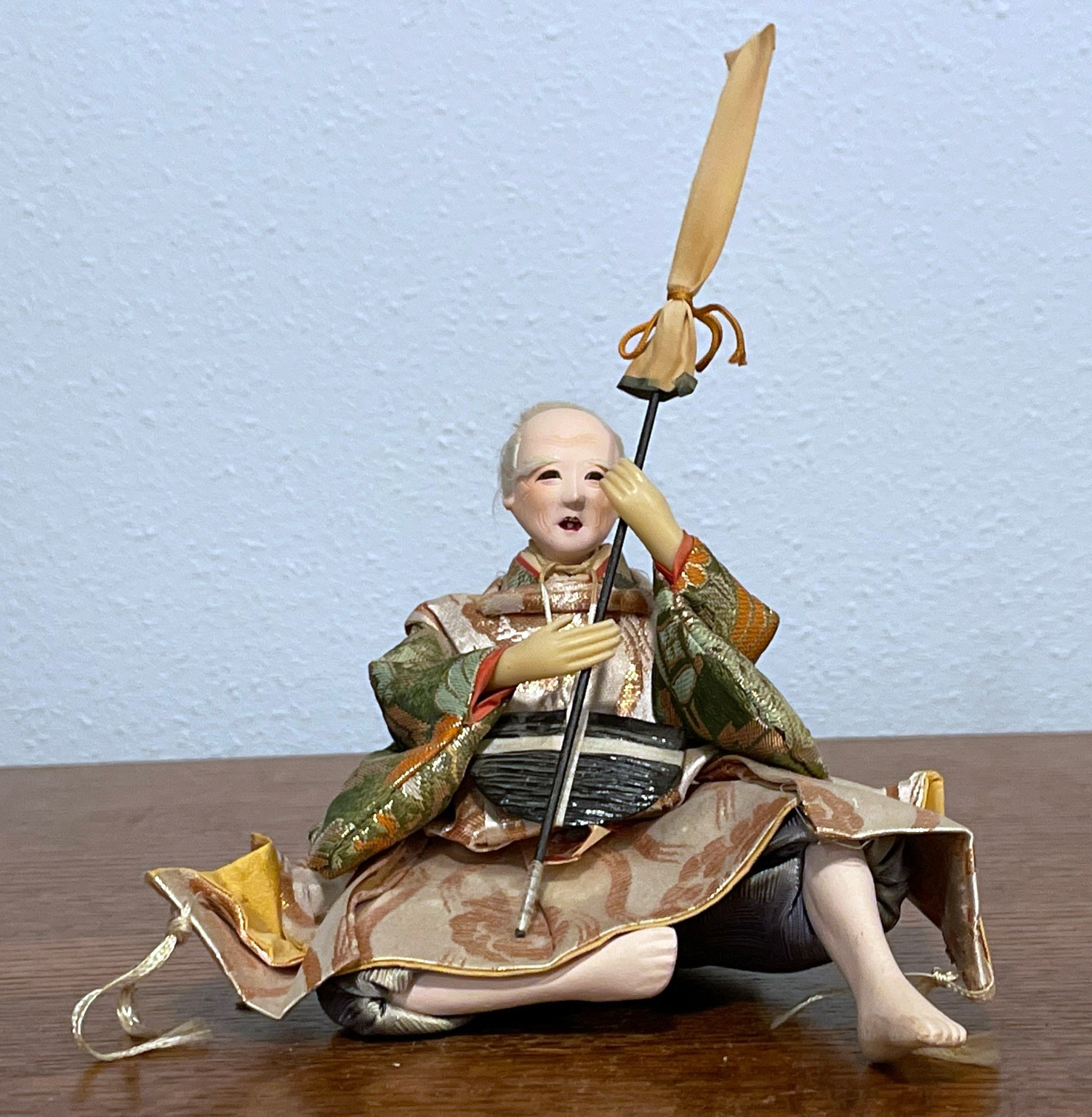 Japanese Ningyo Doll Elderly Man Seated Brocade Kimono Staff Vintage Figure