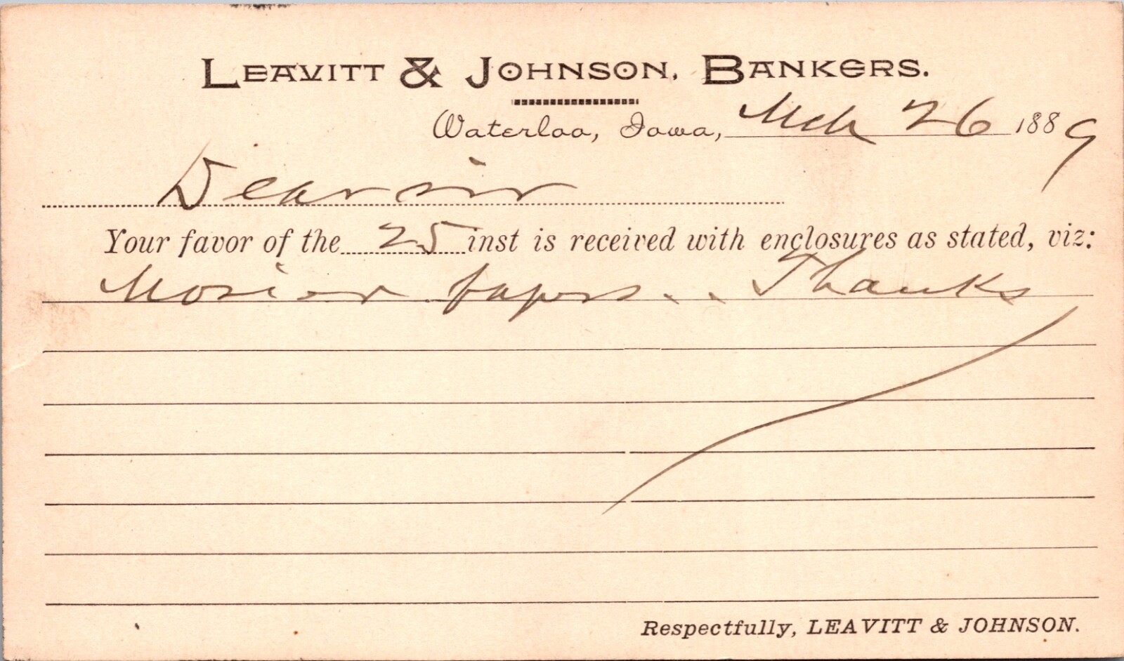 1889 Recept Postcard Leavitt & Johnson Bankers in Waterloo, Iowa 1889 Recept Postcard Leavitt & Johnson Bankers in Waterloo, Iowa