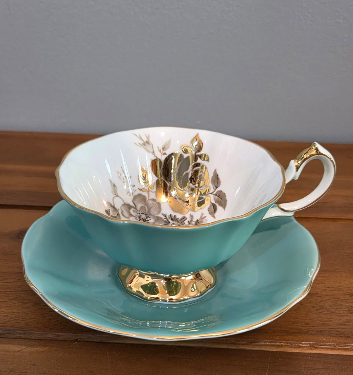 Vintage Queen Anne English Bone China Turquoise & Gold Teacup & saucer Vintage Queen Anne English Bone China Turquoise & Gold Teacup & saucer