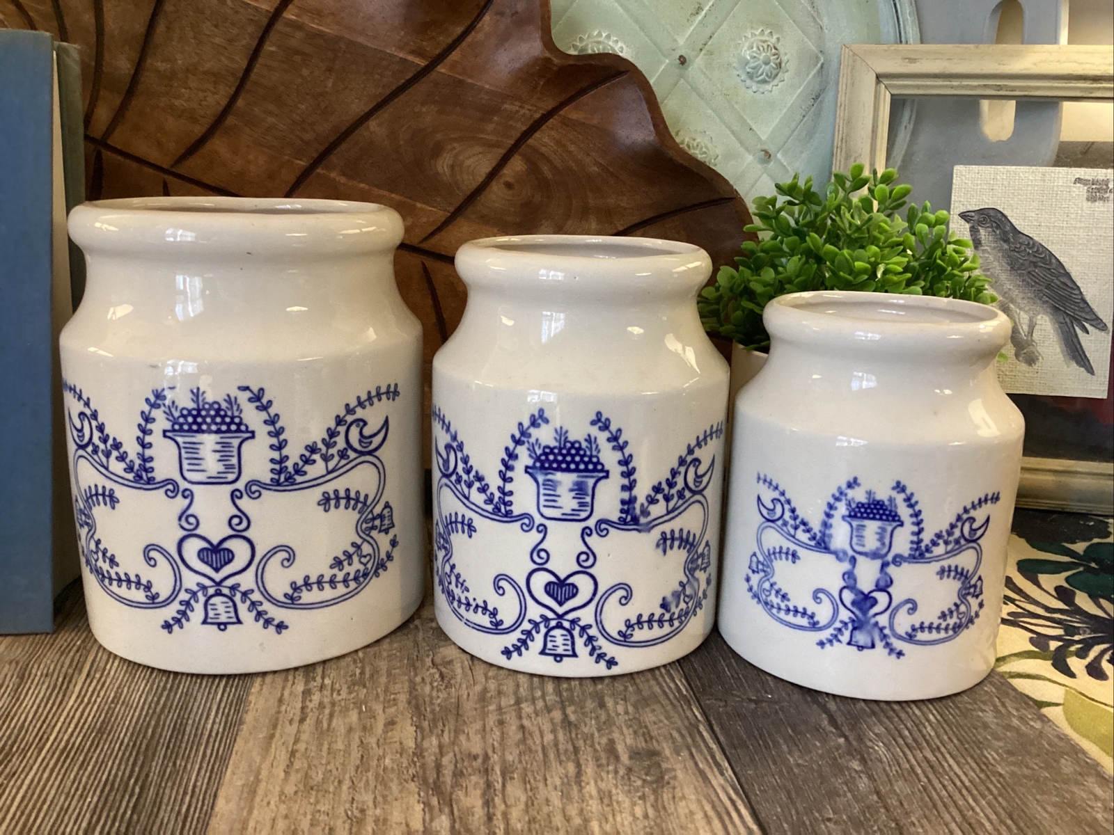 Vintage Pennsylvania Dutch Hand Painted Blue Heart Birds Leaves Folk Art Crocks Vintage Pennsylvania Dutch Hand Painted Blue Heart Birds Leaves Folk Art Crocks