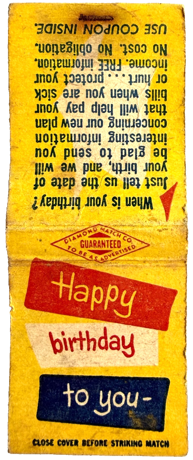 1960s Mutual Of Omaha Insurance Matchbook Cover Vintage Happy Birthday NYC