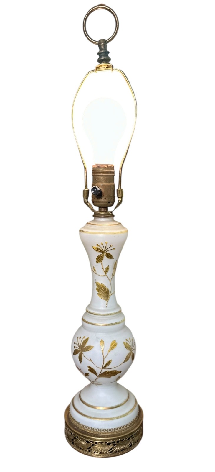 Vtg 1960s White Glass Table Lamp Hand Painted Gold Floral Hollywood Regency 24”