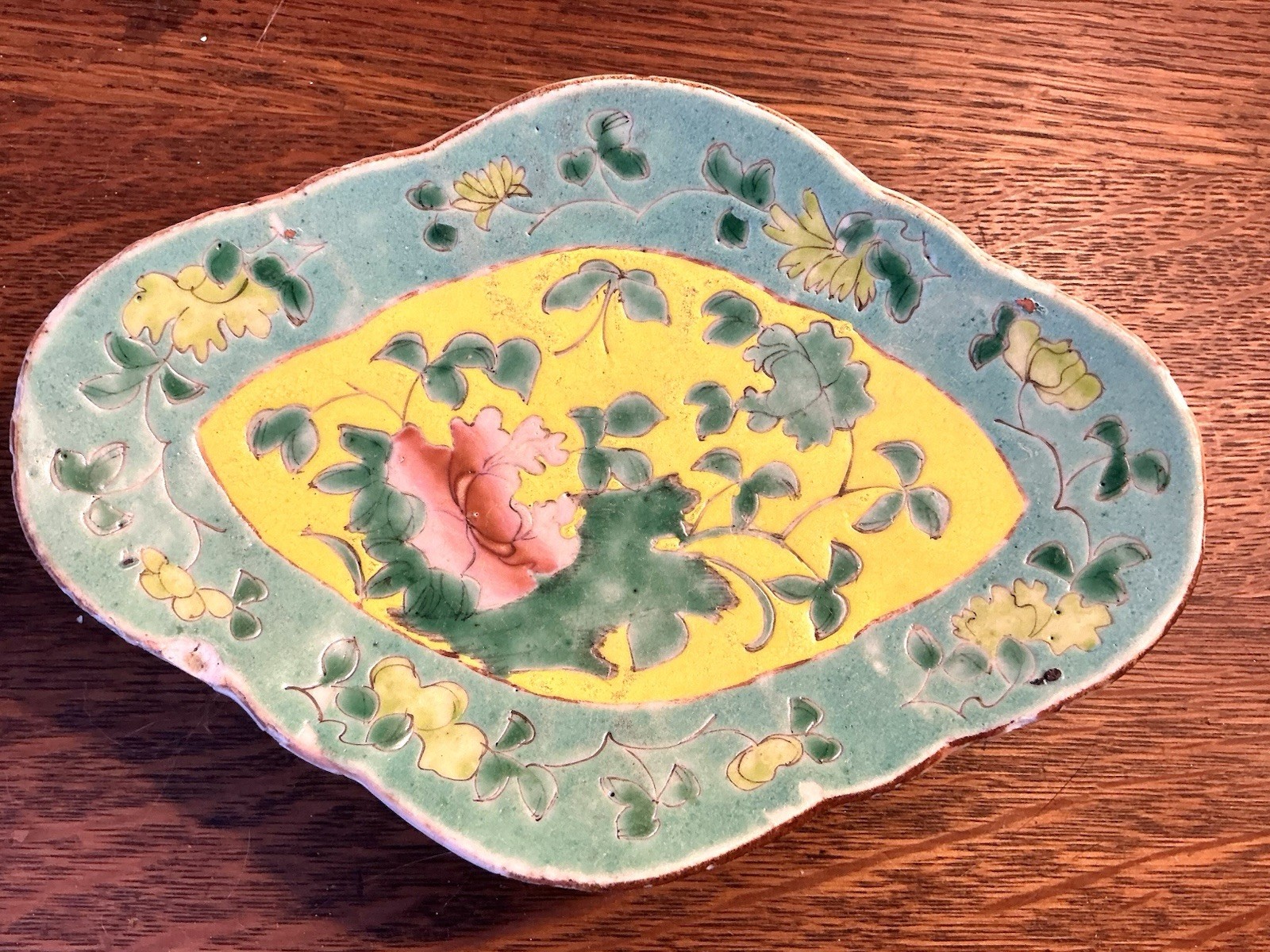 Antique Chinese Famille Rose  Ground Footed Trinket Dish Tazza Peony Qing