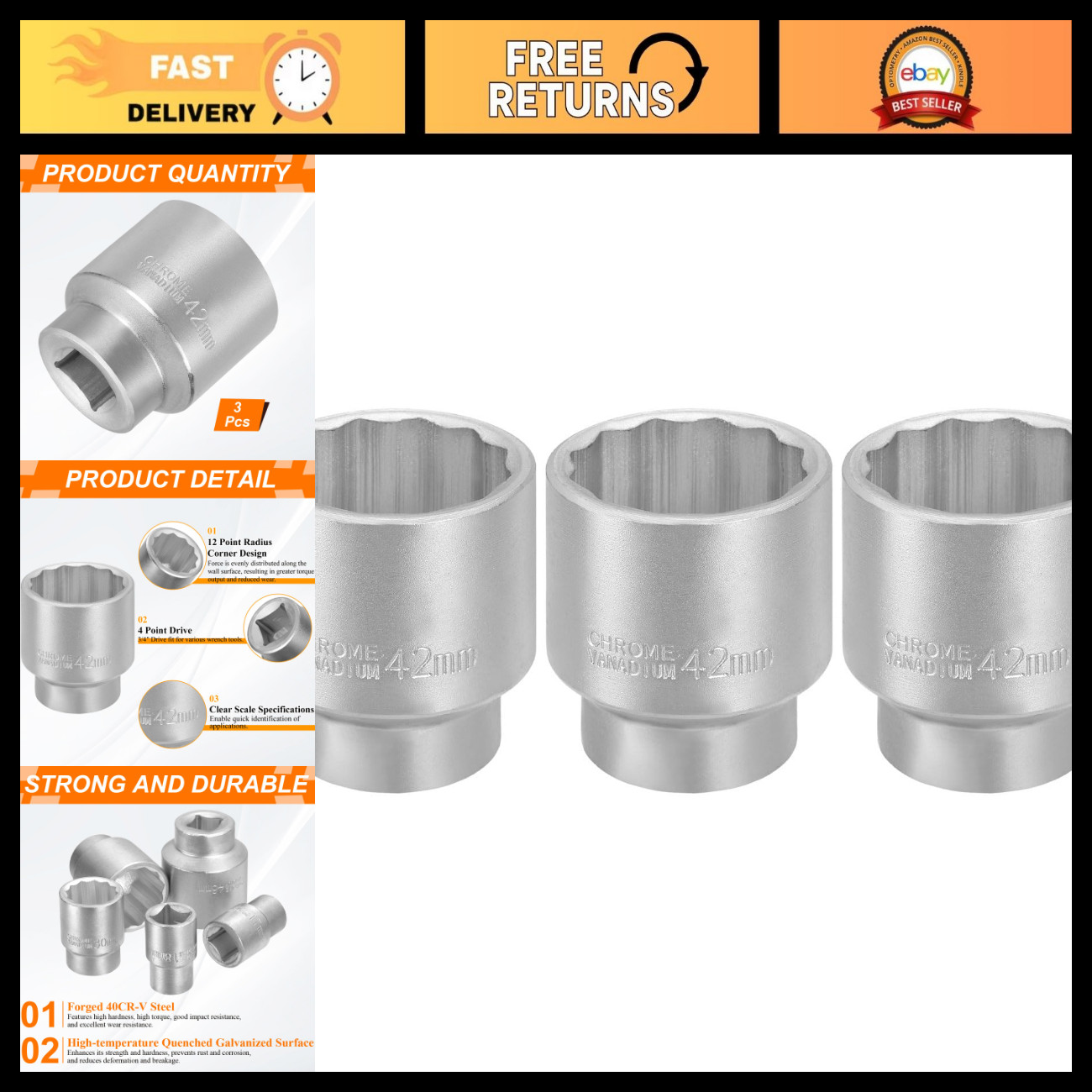 HARFINGTON 3pcs 12 Points Socket 3/4