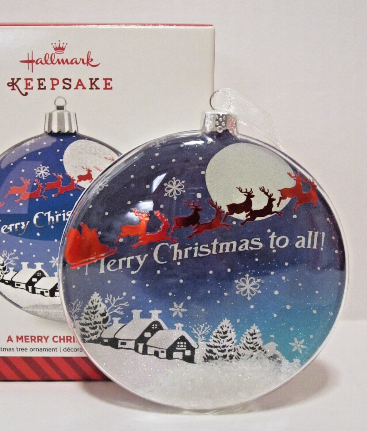 Hallmark Glass Ornament 2014 A Merry Christmas Eve Santa Reindeer NEW B6 Hallmark Glass Ornament 2014 A Merry Christmas Eve Santa Reindeer NEW B6