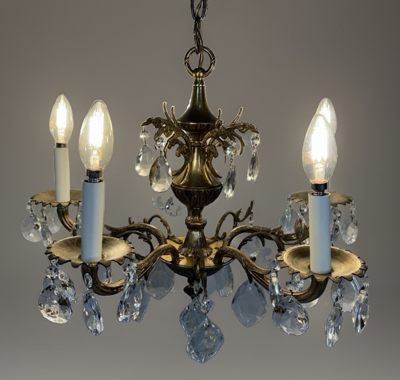 Vintage Spanish Style Ormolu Gilt Brass & Metal 5 Arm Chandelier Crystal Prisms Vintage Spanish Style Ormolu Gilt Brass & Metal 5 Arm Chandelier Crystal Prisms
