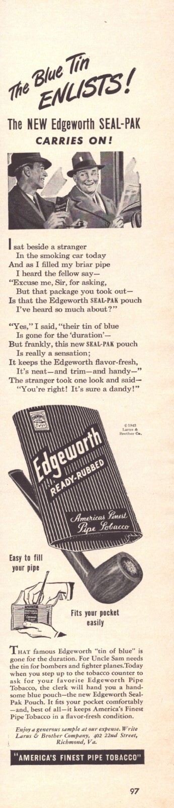 Edgeworth Ready-Rubbed Pipe Tobacco - Seal Pak Pouch - Vintage Print Ad 1943 Edgeworth Ready-Rubbed Pipe Tobacco - Seal Pak Pouch - Vintage Print Ad 1943