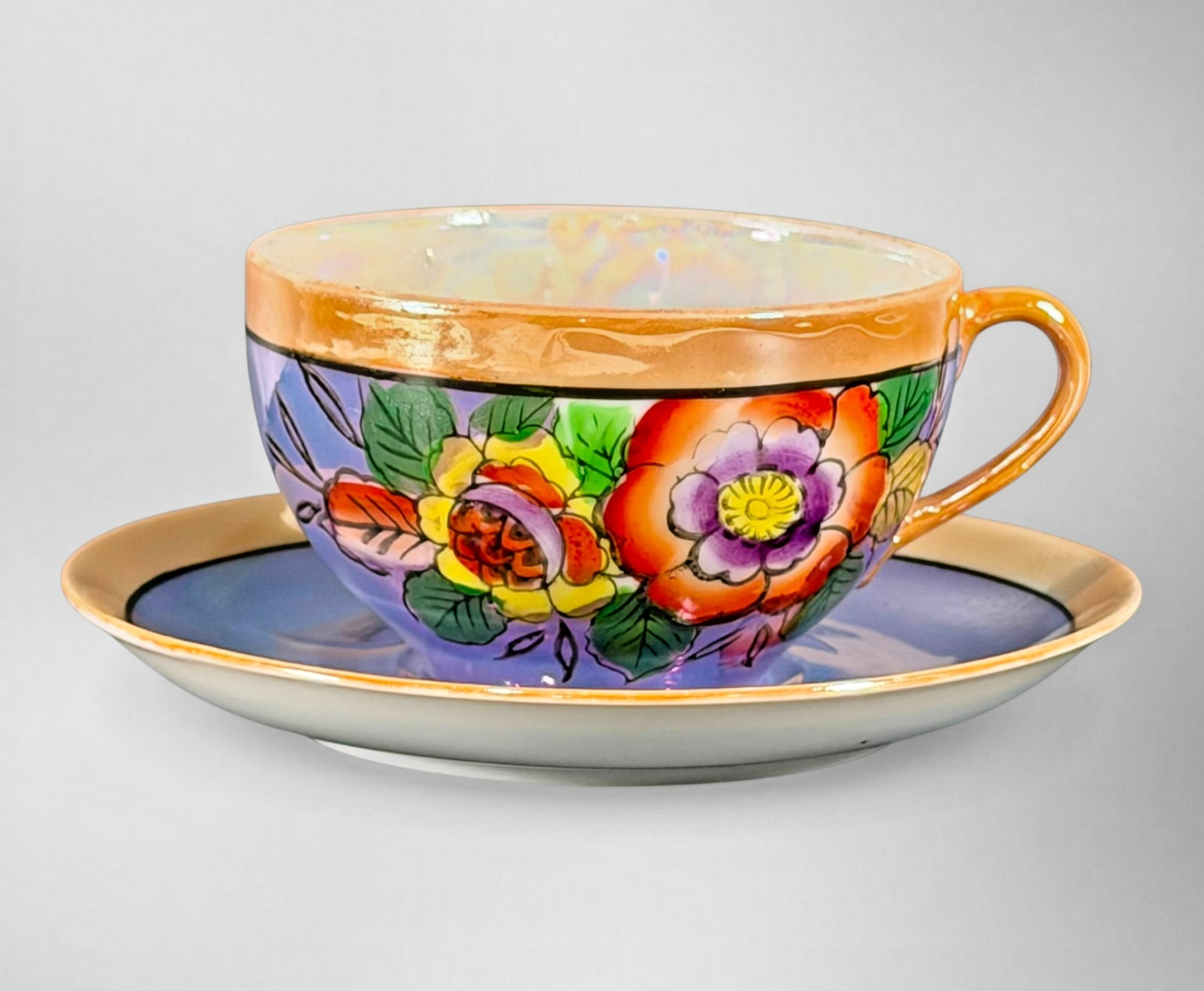 Antique Hand Painted Nippon Lusterware Floral Teacup & Saucer Set