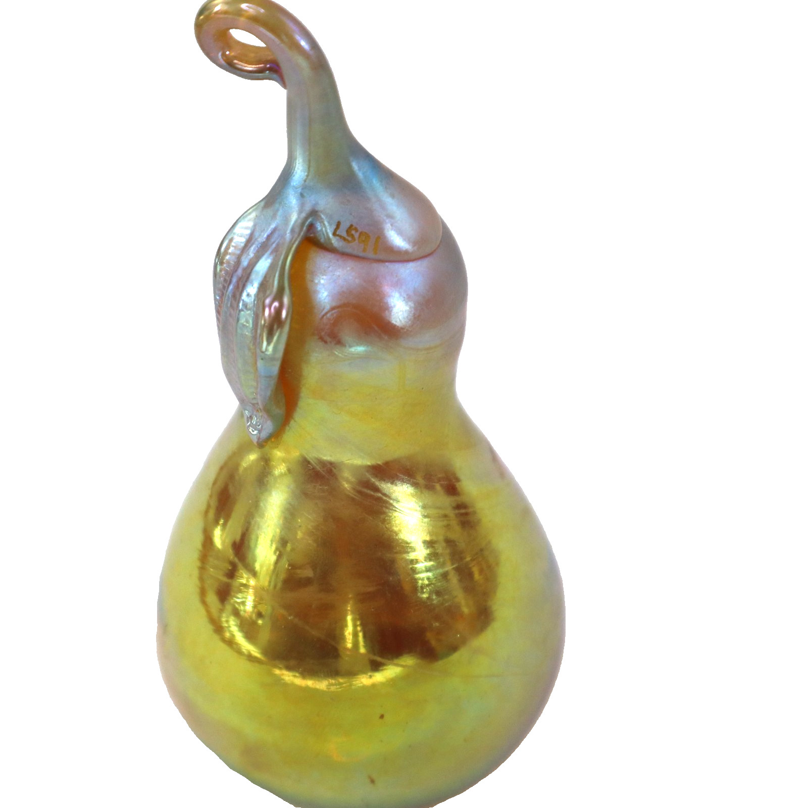 Lundberg Studios ornament metallic iridescent blown art glass pear gold signed Lundberg Studios ornament metallic iridescent blown art glass pear gold signed