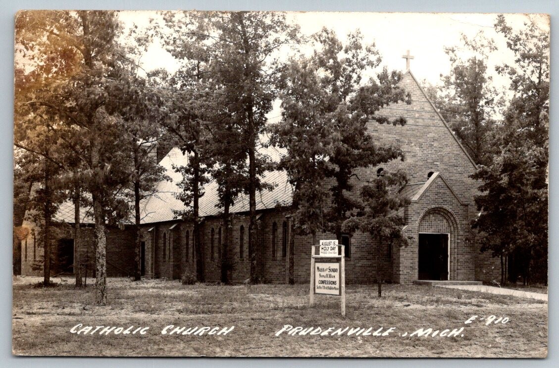 RPPC Prudenville Michigan Catholic Church Real Photo Postcard 1952 RPPC Prudenville Michigan Catholic Church Real Photo Postcard 1952