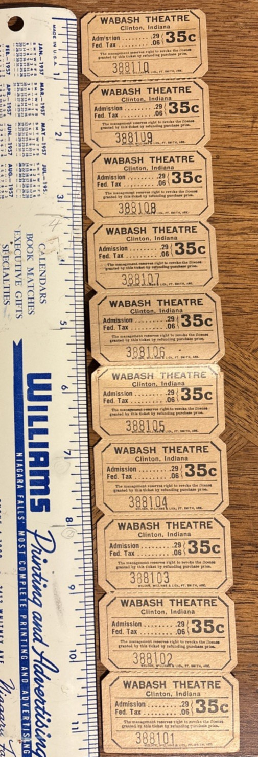 10 Vintage Wabash Theatre Tickets Clinton IN, .35 Admission 10 Vintage Wabash Theatre Tickets Clinton IN, .35 Admission