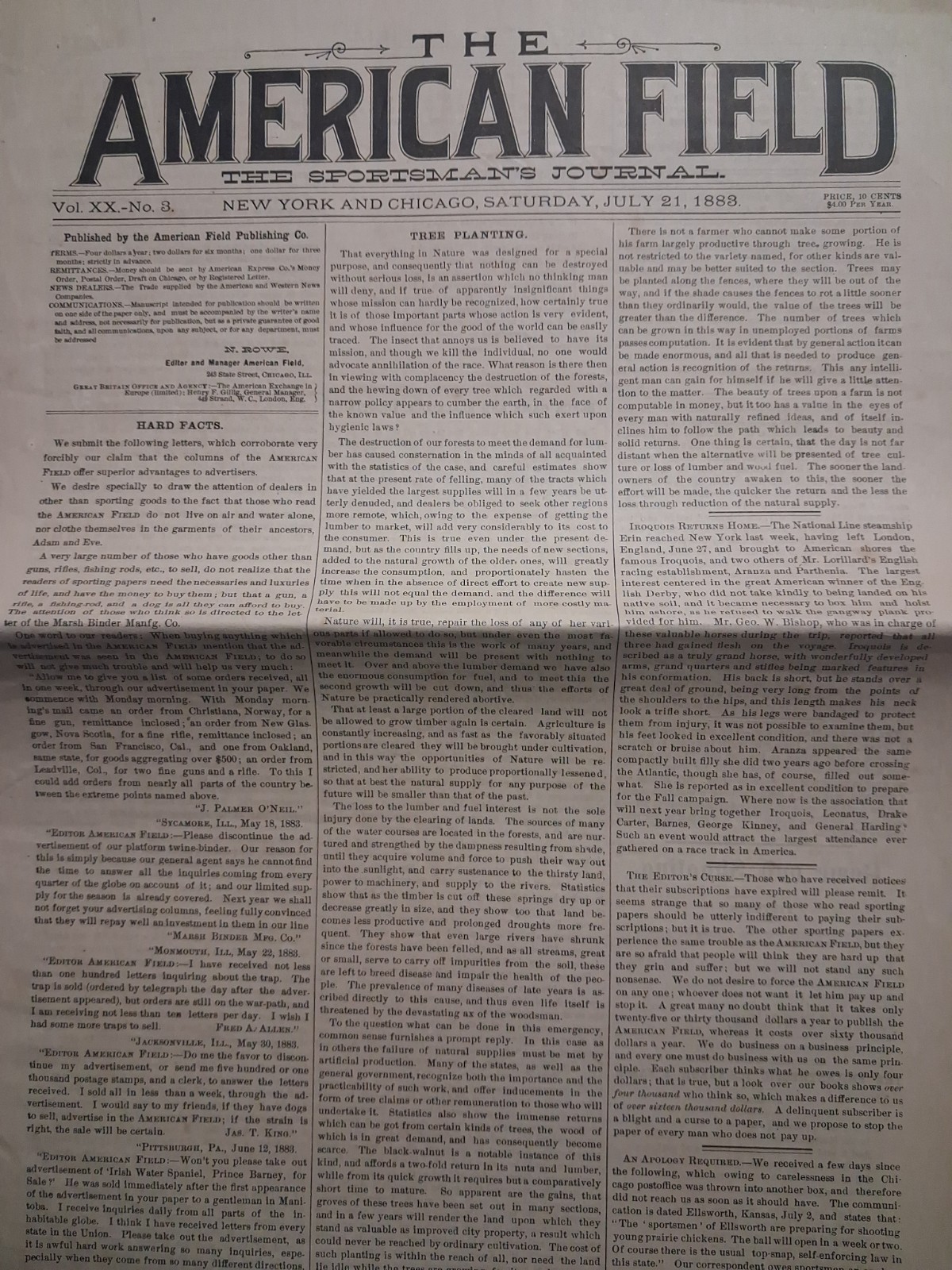 1883 The American Field July 21 THE SPORTMAN'S JOURNAL Victorian Newspaper 1883 The American Field July 21 THE SPORTMAN'S JOURNAL Victorian Newspaper