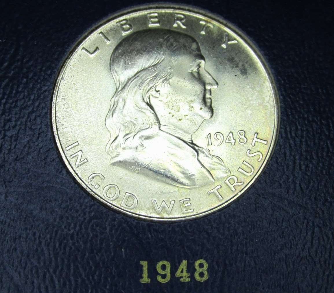 VERY NICE 1948 Ben Franklin Half Dollar 90% Silver, VF-BU Coin Some Toning, Cir.