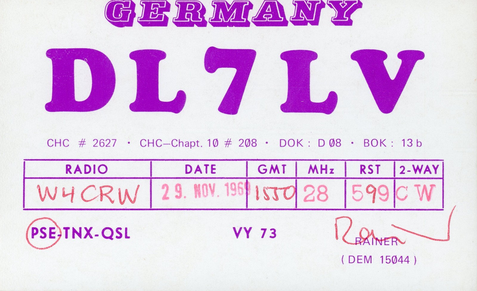 Vintage Amateur Radio QSL Postcard, 1969, DL7LV, Germany Vintage Amateur Radio QSL Postcard, 1969, DL7LV, Germany