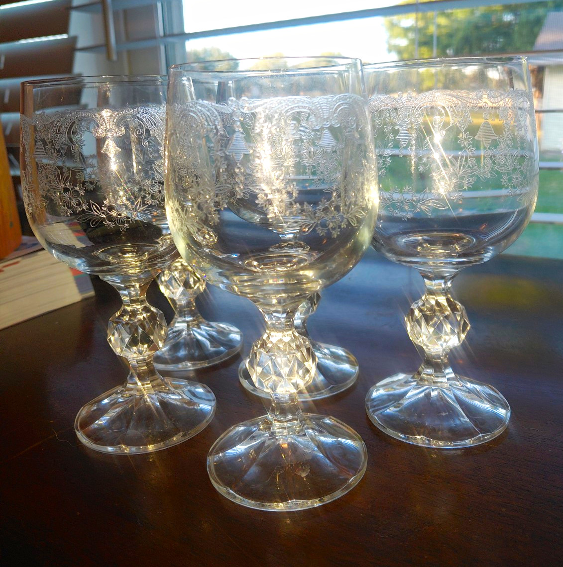 Vintage etched bohemian crystal wine glasses set of 5 - cut ball stem floral Vintage etched bohemian crystal wine glasses set of 5 - cut ball stem floral