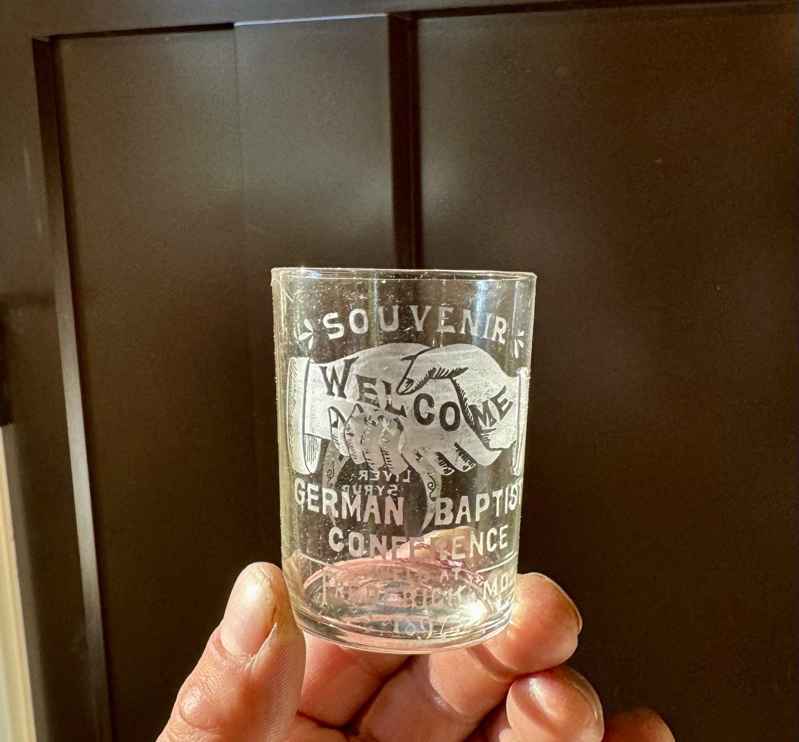 German Baptist Conference Frederick MD 1897 Victor Liver Syrup Etched Dose Glass