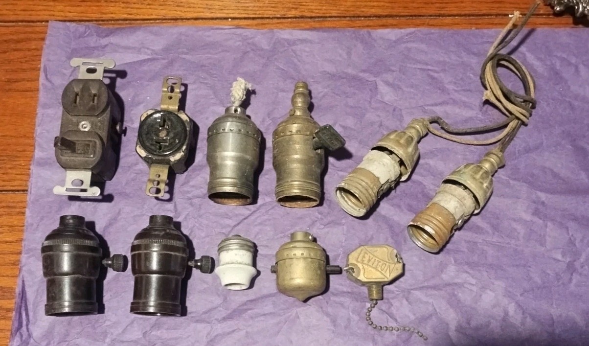 Vtg Antique Lot Antique Electrical Parts Bakelite Brass Switches Outlets Salvage