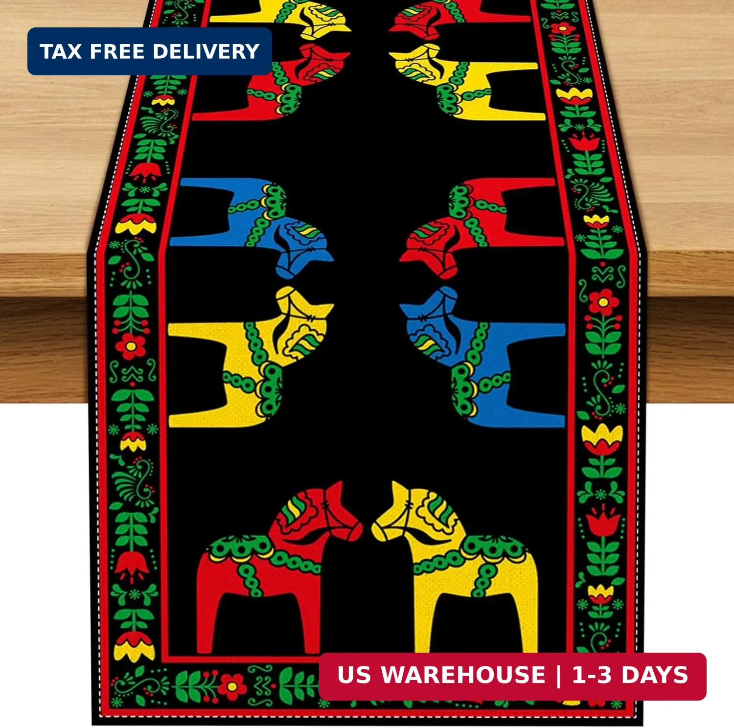 Swedish Christmas Dala Horse Folk Art Table Runner Traditional Sweden Scandinavi Swedish Christmas Dala Horse Folk Art Table Runner Traditional Sweden Scandinavi