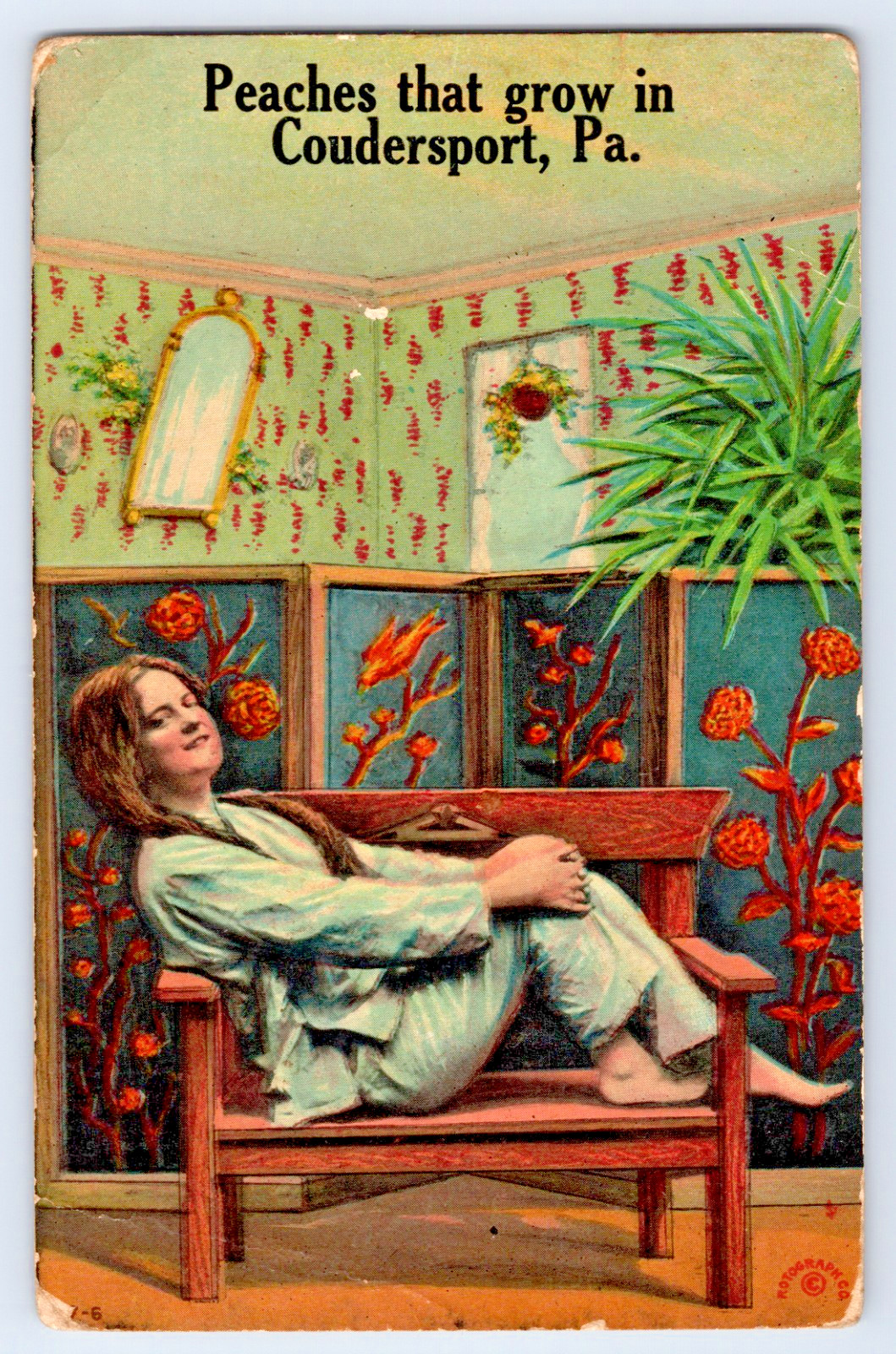 Coudersport PA Pennsylvania Lady On Bench, Peaches Grow Antique 1910s Postcard Coudersport PA Pennsylvania Lady On Bench, Peaches Grow Antique 1910s Postcard