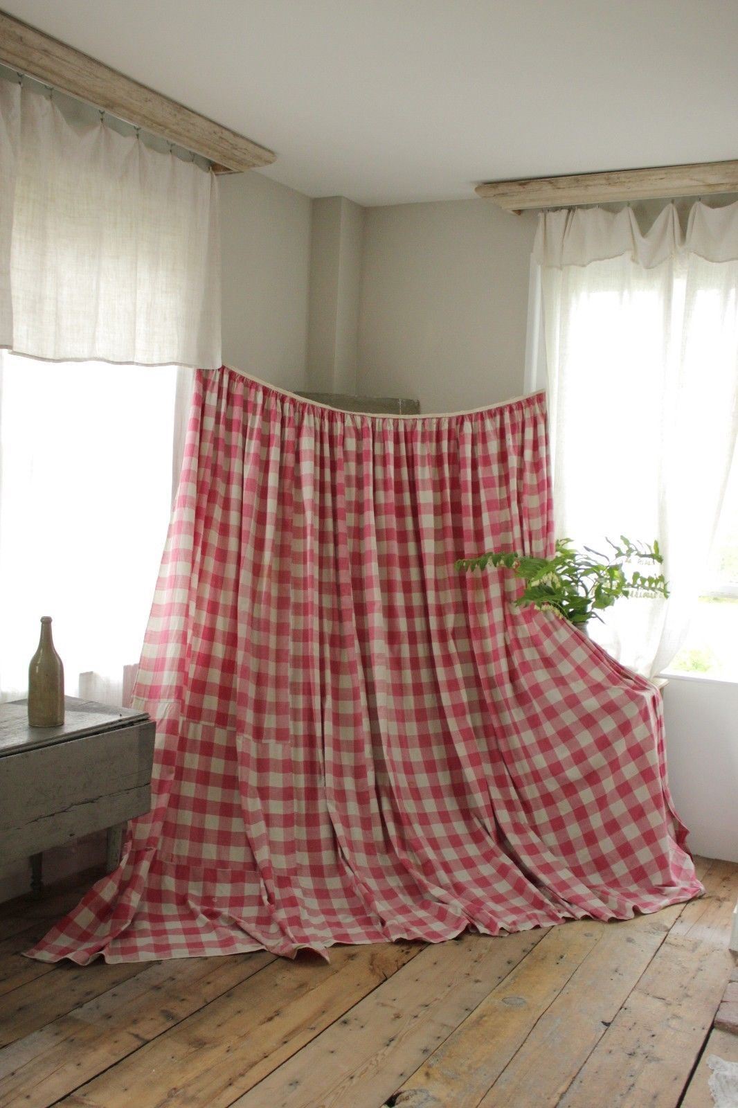 Curtain Vichy check fabric pink & white Antique French 1700\'s c1750-1800 textile