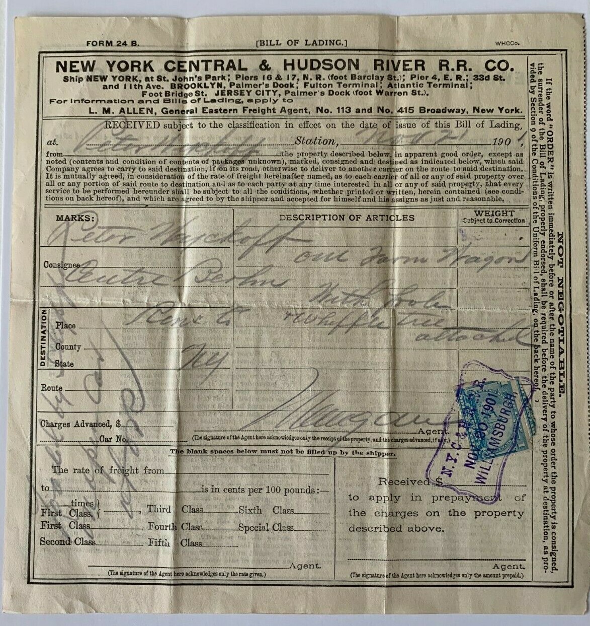 1901 New York Central & Hudson River RR Co Bill of Lading 1898 documentary stamp 1901 New York Central & Hudson River RR Co Bill of Lading 1898 documentary stamp