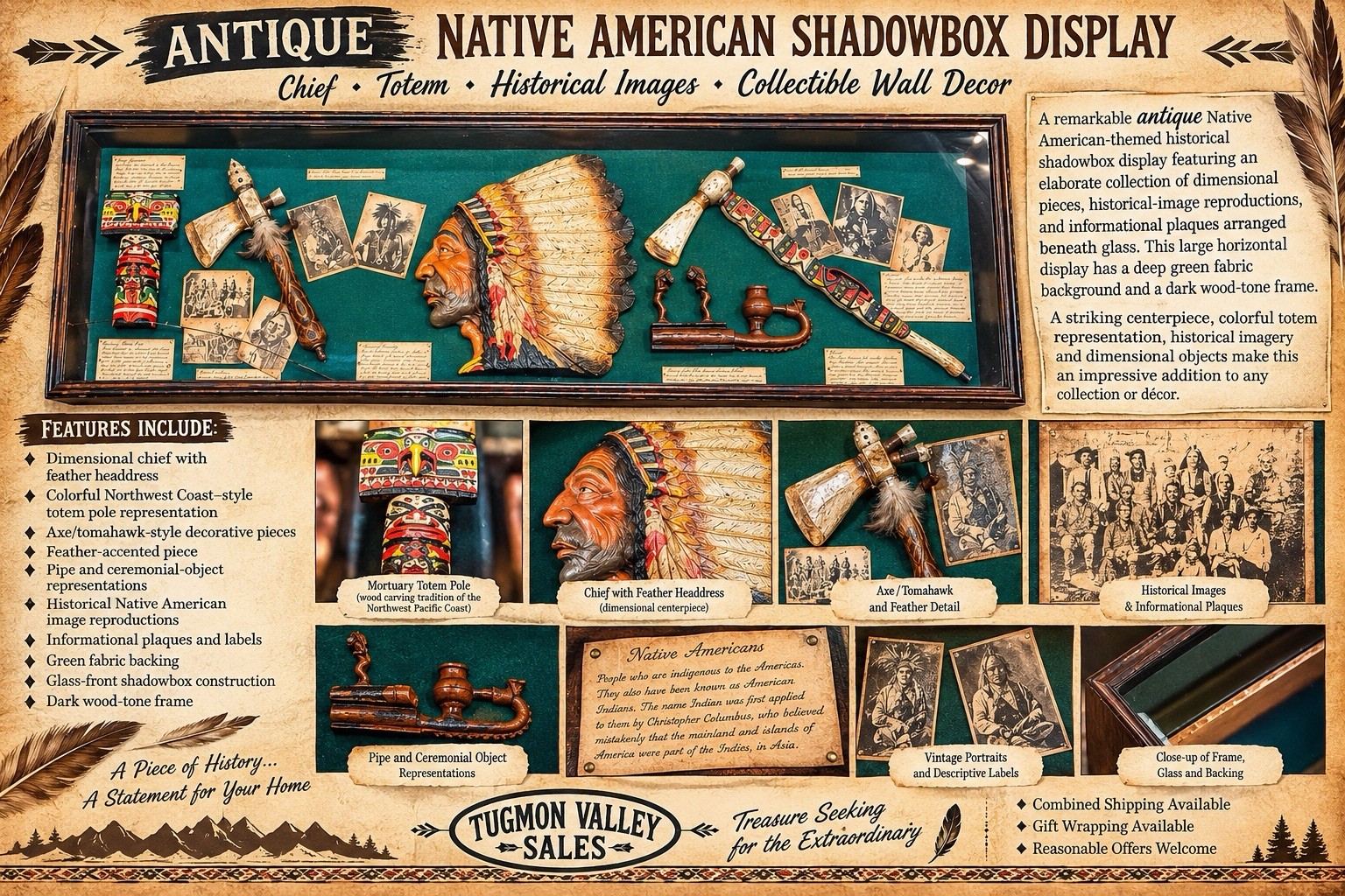Antique Native American Shadow Box Chief Totem Historical Display Wall Decor 42”
