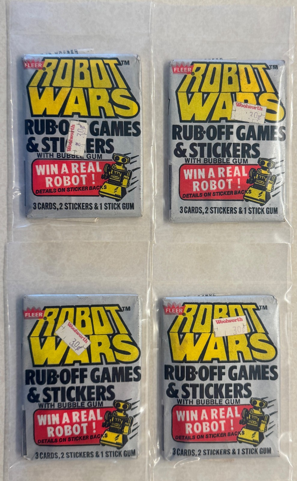 1985 Fleer Robot Wars - FOUR 4x Sealed Wax Packs (random sample) +Sealed Baggies 1985 Fleer Robot Wars - FOUR 4x Sealed Wax Packs (random sample) +Sealed Baggies