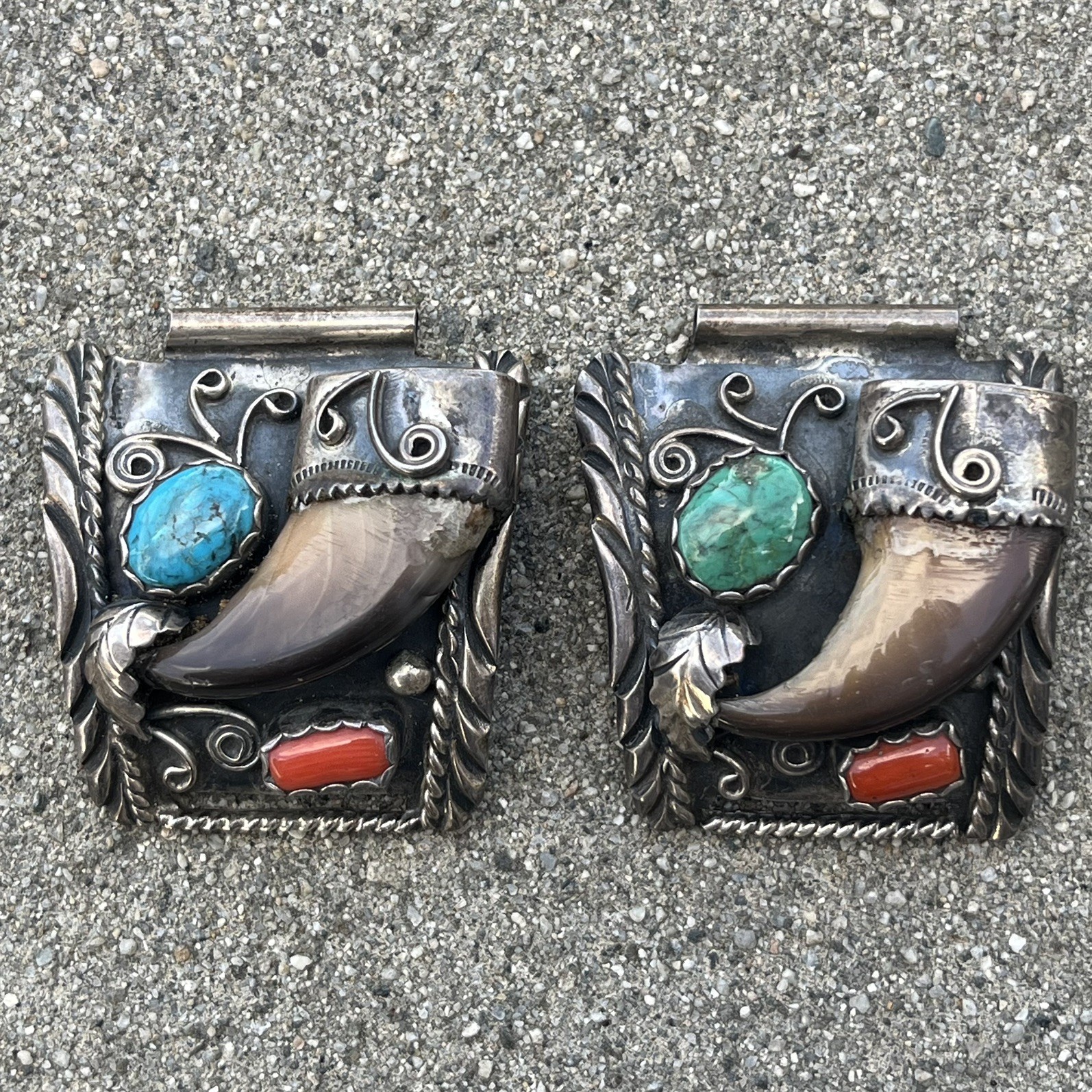 LARGE VINTAGE Navajo NATIVE AMERICAN STERLING SILVER/TURQUOISE/CORAL WATCH TIPS LARGE VINTAGE Navajo NATIVE AMERICAN STERLING SILVER/TURQUOISE/CORAL WATCH TIPS