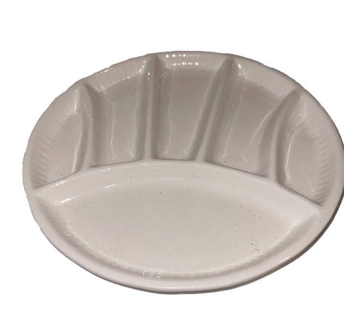 Cute VTG MCM Calif Pottery Divided Snack Fondue Paint Palette Plate White #2 Cute VTG MCM Calif Pottery Divided Snack Fondue Paint Palette Plate White #2