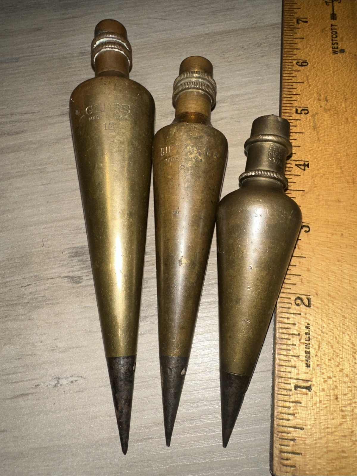 VINTAGE Plumb Bobs GENERAL HARDWARE, Globe & DIETZGEN Brass Lot of 3 VINTAGE Plumb Bobs GENERAL HARDWARE, Globe & DIETZGEN Brass Lot of 3