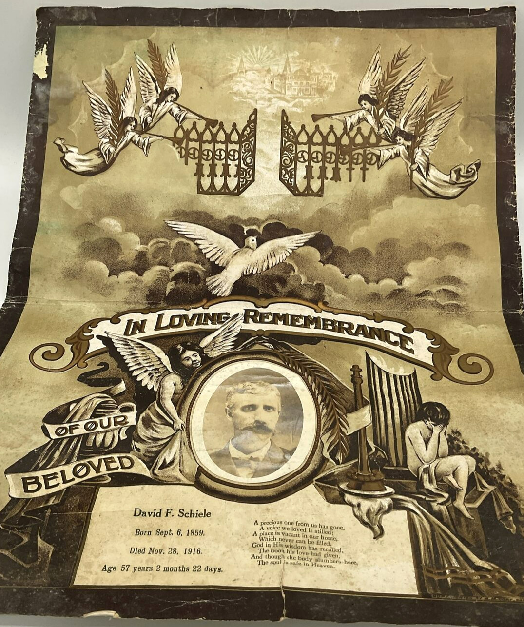 Antique 1916 Life Remembrance Poster David F. Schiele 1859-1916 Real Photo Angel