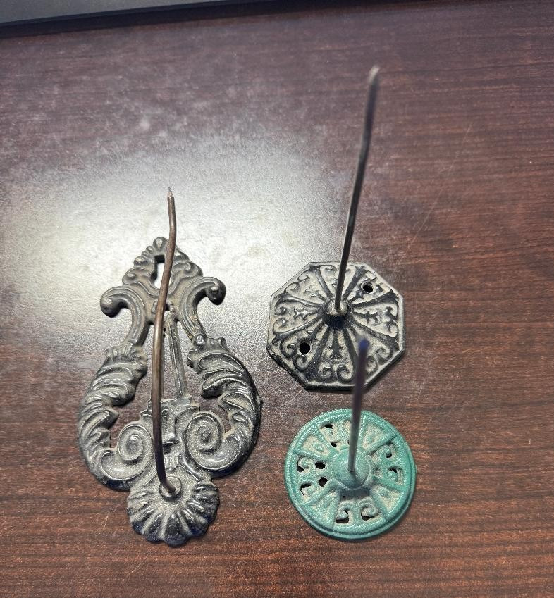 3 Antique Cast Iron Receipt Spikes Victorian Lyre Wall Mount & Desk Bill Spindle